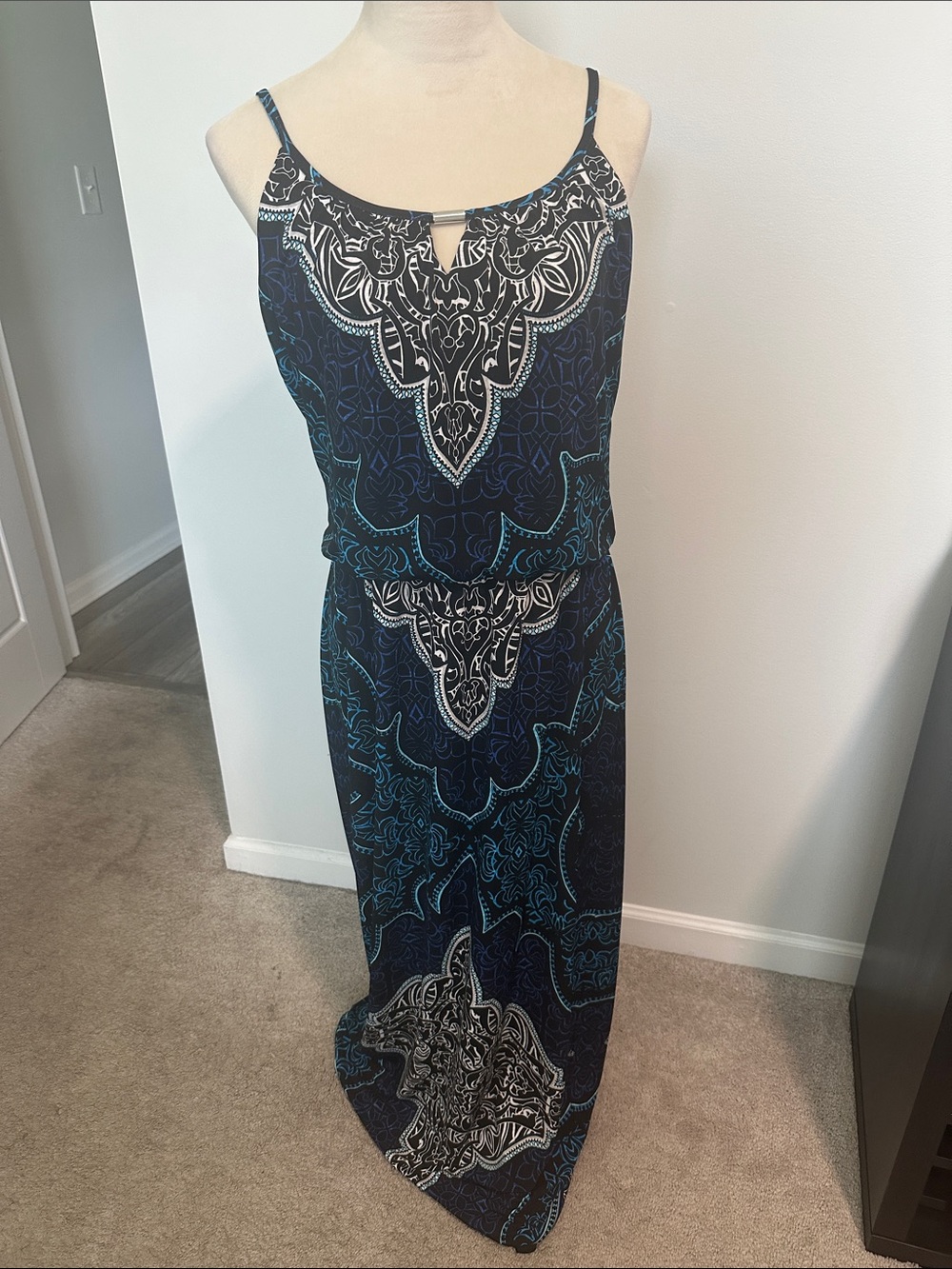 White House Black Market Navy and Teal Patterned Maxi Dress